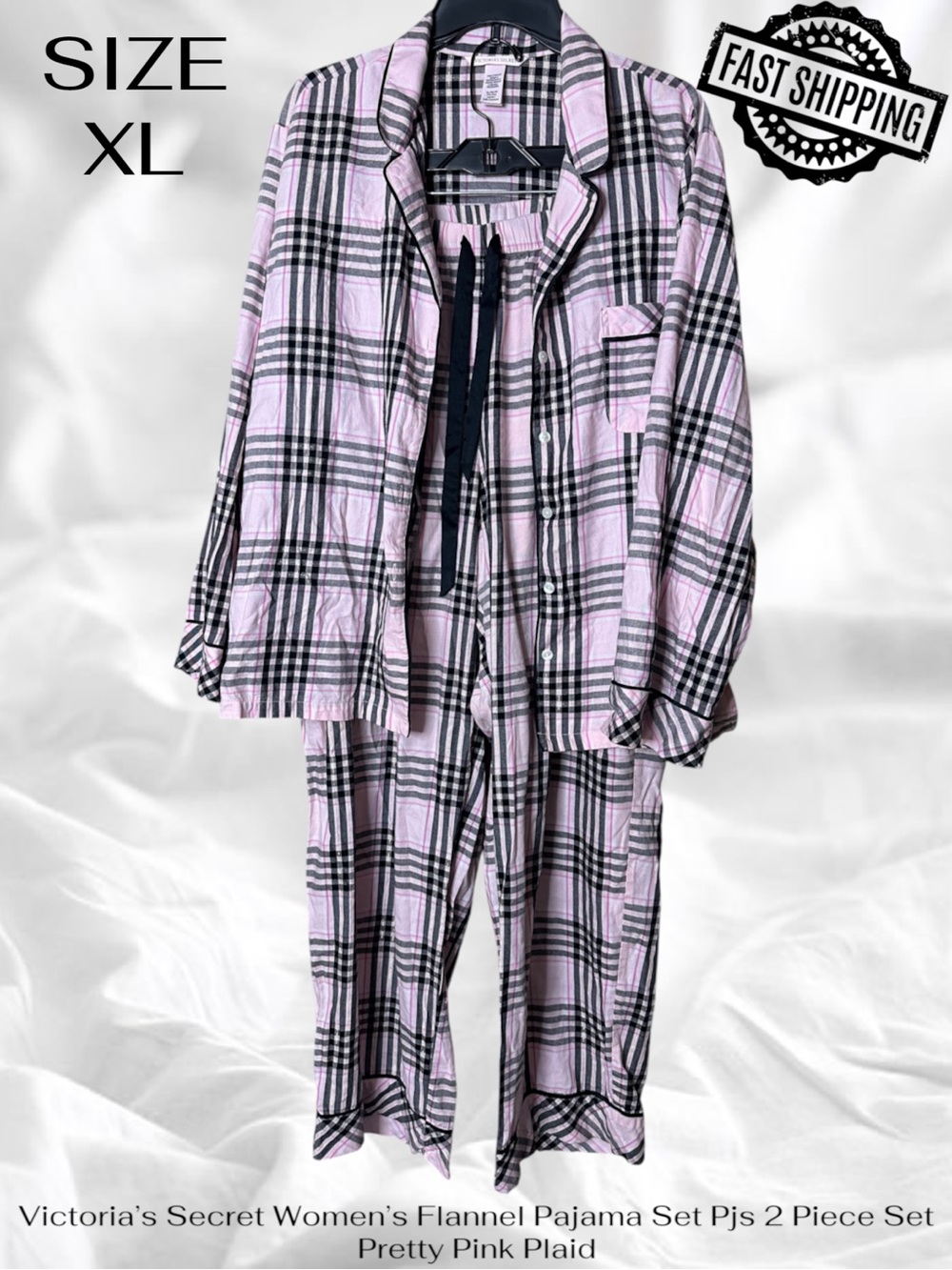 Victoria’s Secret Flannel Pajama Set Pjs 2 Piece Set Pretty Pink Plaid Womens XL